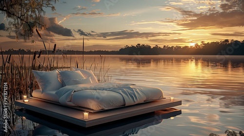Luxury bed on a lake on a sunset with gradients on sky, best holiday resort, luxury travel stop photo