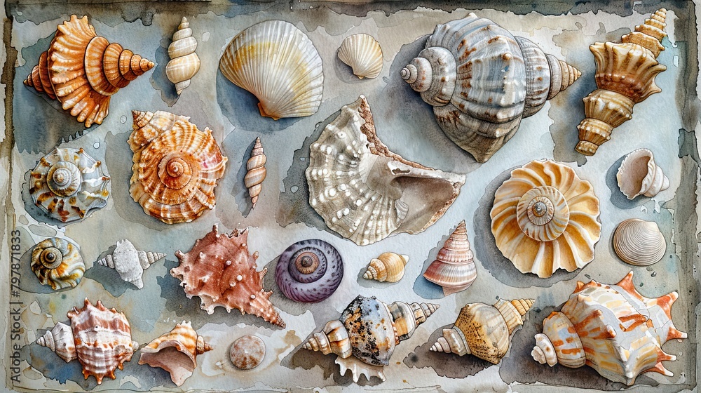 A watercolor painting of a variety of seashells arranged on a blue background. A watercolor painting of a variety of seashells arranged on a blue background.