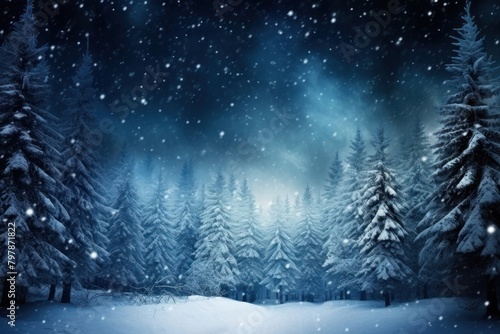 Winter night snow illuminated landscape.