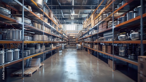 Warehouse Aisle Filled with Shelves of Pots and Pans in a Large Storage Facility photo