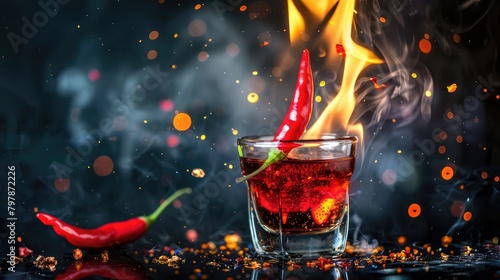 Hot chili pepper in a martini glass with a fire on a black background, Flaming cocktail over black,Hot pepper with flame on black background