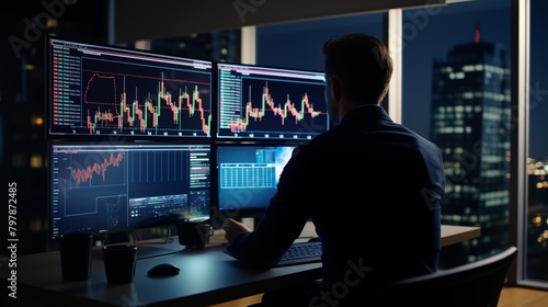 Stock market analysis, business, finance and investment. Finance analyst analyzing stock market trading graph, economic growth chart, planning and strategy with financial report.