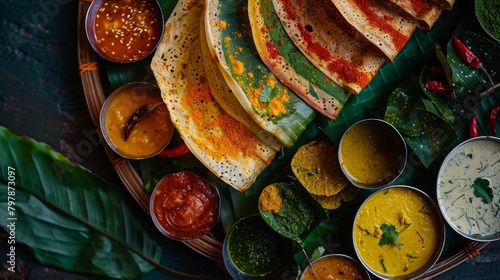 A colorful array of Indian dosas served on a traditional platter, accompanied by chutneys and sambar for a deliciously authentic experience. photo