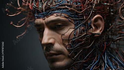 Man head full of wire connections photo