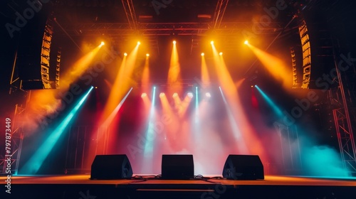 A concert stage illuminated with colorful lights and powerful speakers ready to rock