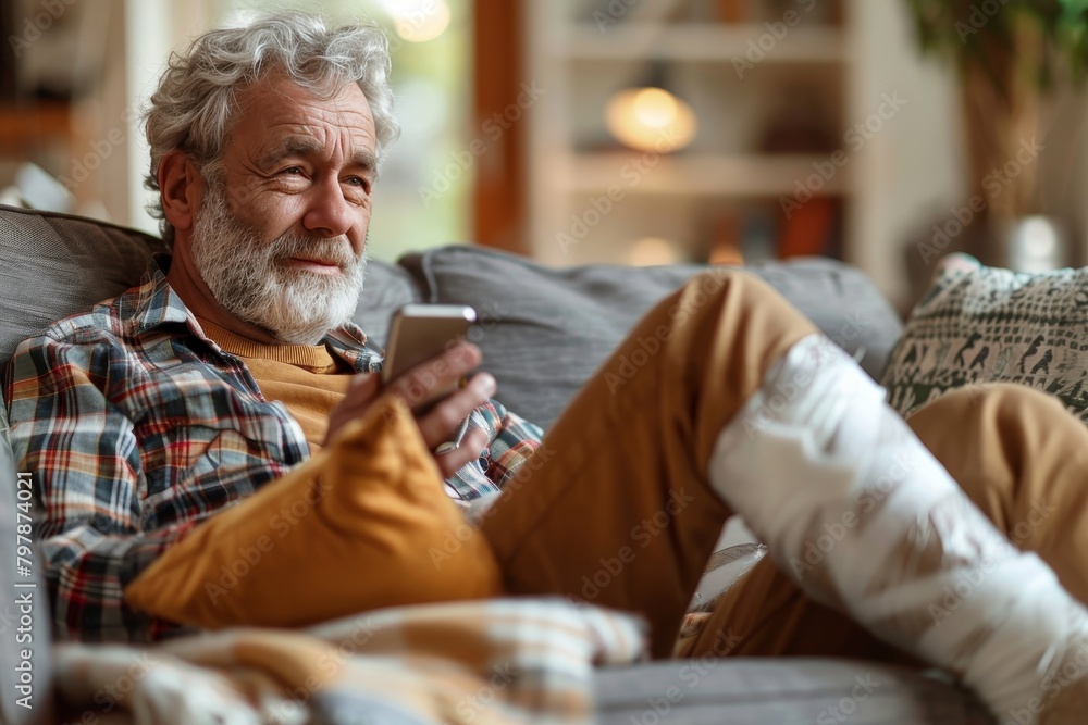 Senior man looking thoughtful and concerned while holding a smartphone in a home setting Senior man looking thoughtful and concerned while holding a smartphone in a home setting
