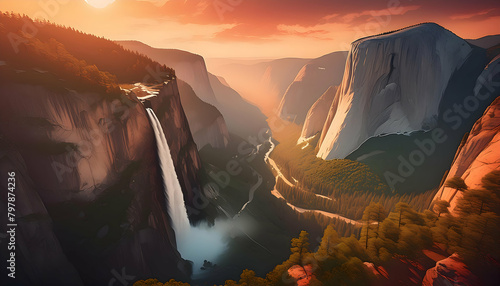 Beautiful Nature, Horse tail waterfall in Yosemite national park glowing on Generative AI.