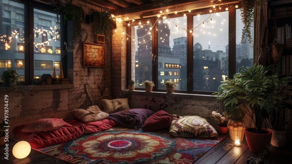 A cozy corner with floor cushions and string lights, perfect for intimate conversations