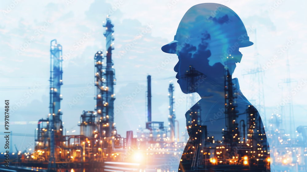 Engineer with oil refinery industry plant background. Industry, production, factory. Double exposure.
