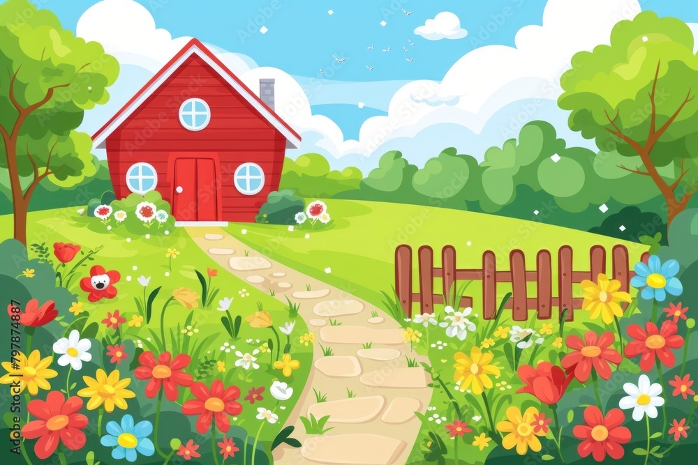 Farm landscape cute cartoon vector architecture outdoors building.