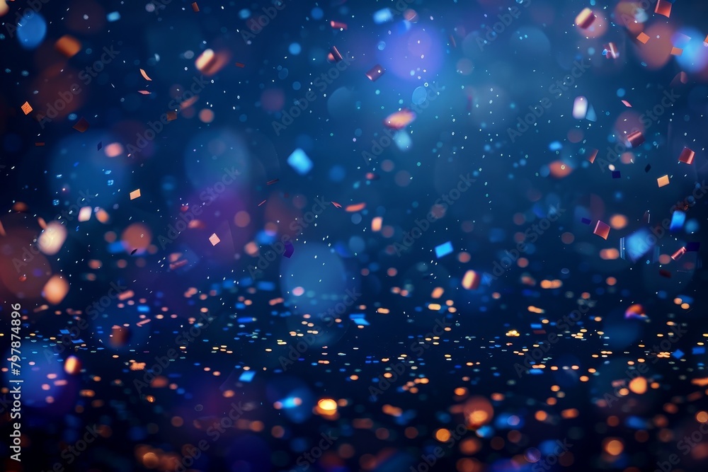 This image depicts the vibrant dynamic of glowing confetti cascading down a rich blue backdrop This image depicts the vibrant dynamic of glowing confetti cascading down a rich blue backdrop