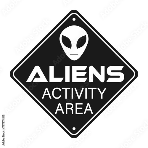 Aliens activity area, humorous  warning sign with symbol and text. Rhombus shape, black background.