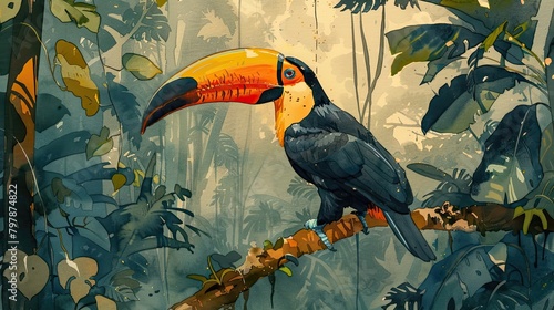 A toucan sits on a branch in the middle of a rainforest. The toucan has a large, colorful beak and bright blue eyes. The rainforest is full of lush vegetation and green leaves. photo