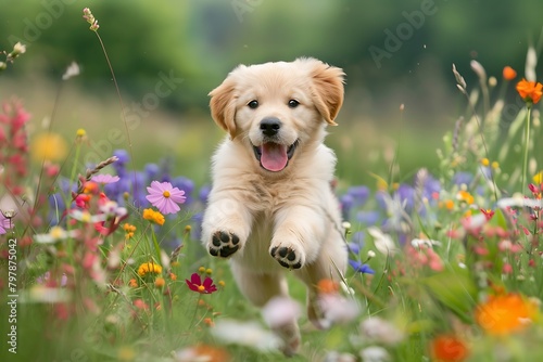 A Golden Retriever puppy exhibiting exuberant joy as it leaps through a field of wildflowers, its tongue extended in pure elation. photo