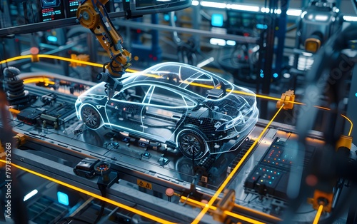 A high-tech car factory with robotic arms and holographic screens displaying data, surrounded by a network of digital connections representing the smart grid, showcasing advanced micro and spacious pr
