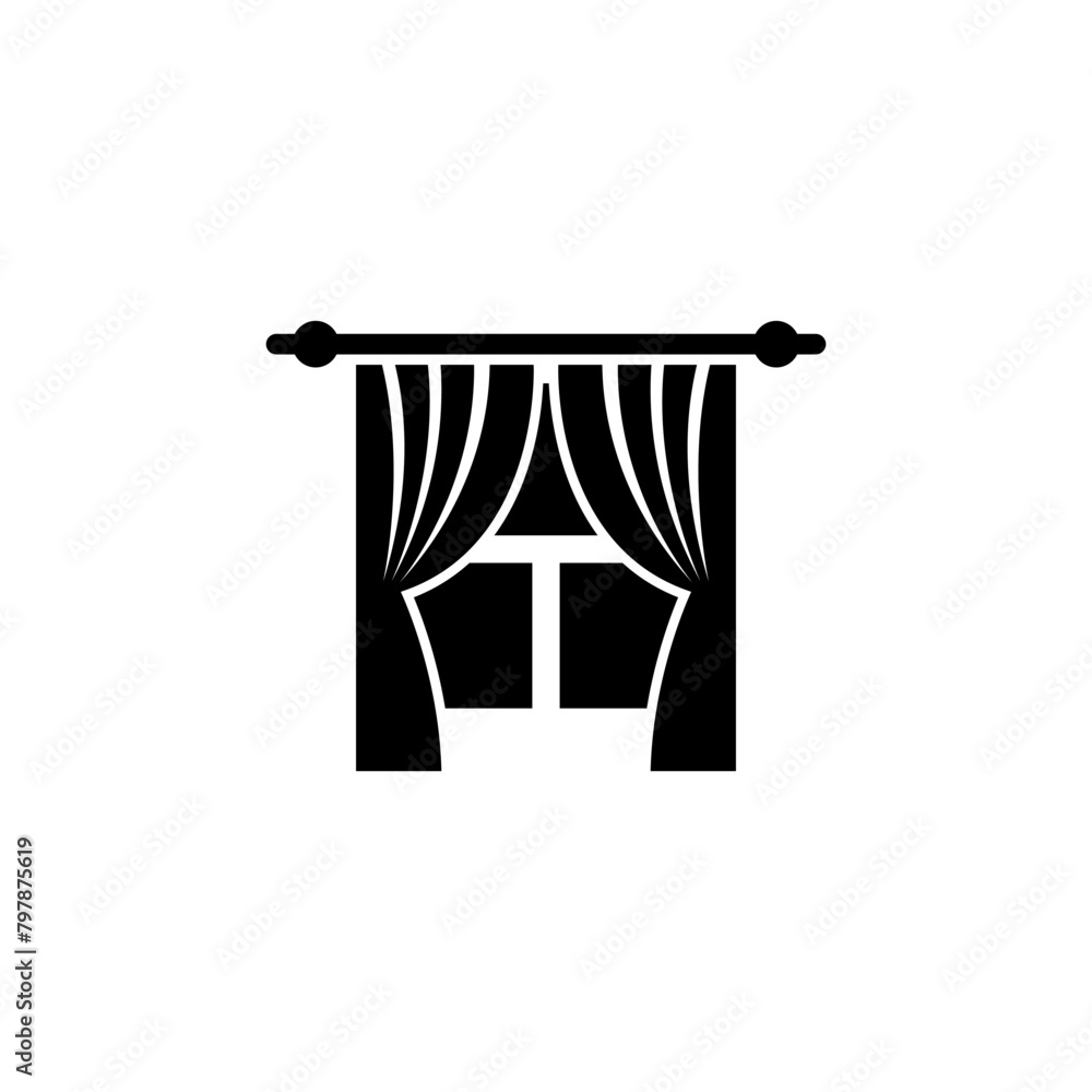 A simple black and white icon depicting a curtain or drape covering a church-style window, representing the interior space and spiritual aspects of religious building. Vector icon for website design A simple black and white icon depicting a curtain or drape covering a church-style window, representing the interior space and spiritual aspects of religious building. Vector icon for website design