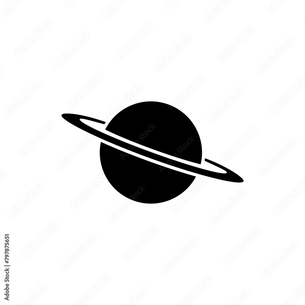 A sleek, minimalist black and white icon depicting a simple, stylized planet with rings, representing space exploration, astronomy, and the wonders of the cosmos. Vector icon for website design, logo.