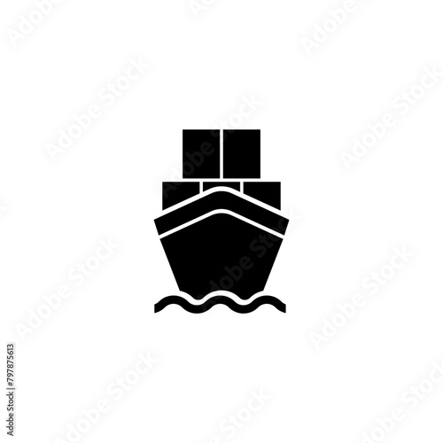 A simple black and white icon depicting a stylized ship or vessel with boxes, representing maritime transportation, logistics, and travel by sea. Vector icon for website design, logo, app, ui.