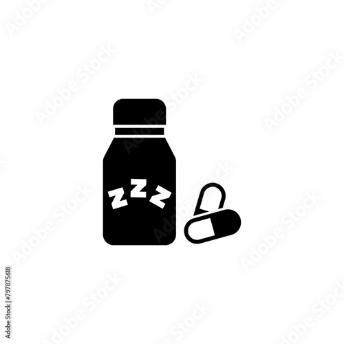 A black and white icon set depicting a sleeping pill bottle and a capsule, representing sleep aids and medications for improving rest and relaxation. Vector icon for website design, logo, app, ui.