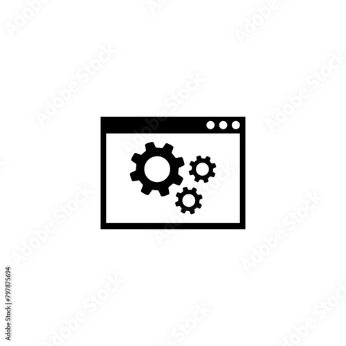 A simple black and white illustration depicting a computer interface or software platform with three gears or cogs, representing the inner workings and functionality of a digital system. Vector icon.