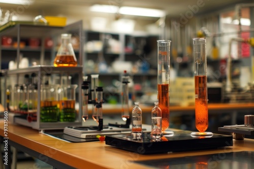 A lab with many glass beakers and test tubes on a table