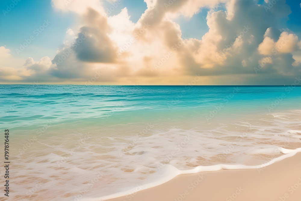 Fototapeta premium Beautiful sandy beach with white sand and rolling calm wave of turquoise ocean on Sunny day. White clouds in blue sky are reflected in water. Maldives, perfect aerial scenery. 