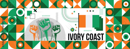  Flag and map of Ivory Coast with raised fists. National day or Independence day design for Counrty celebration. photo