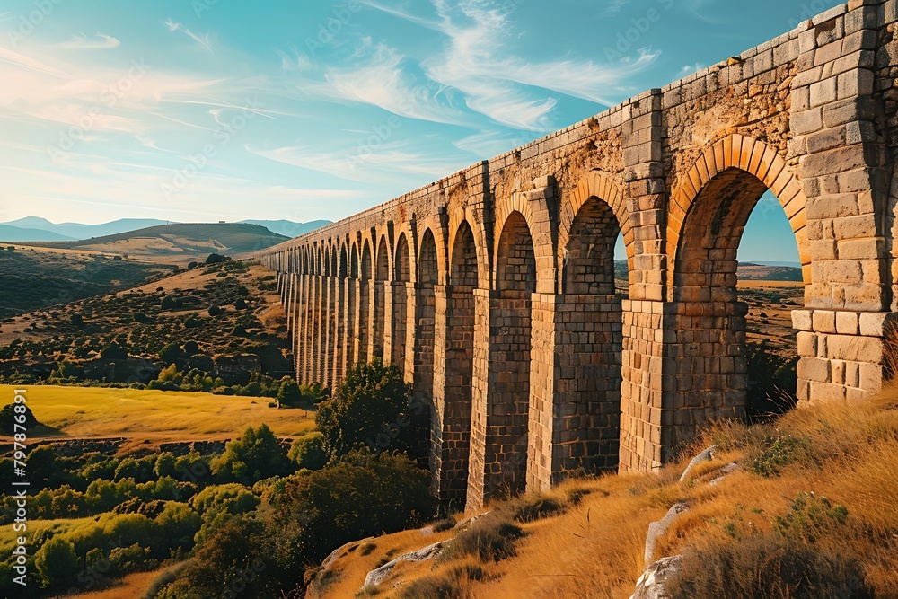 A historic aqueduct stretching across a sun-drenched valley, its ...