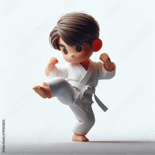 3d illustration of boy in kimono with belt training karate and taekwondo
