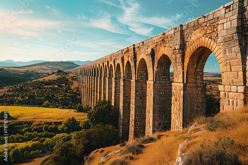 A historic aqueduct stretching across a sun-drenched valley, its ancient stone arches standing as a testament to engineering marvels of the past. photo