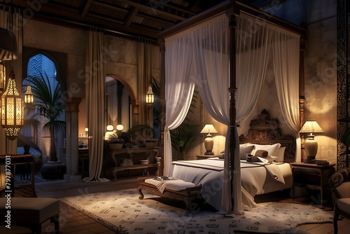 A luxurious bedroom with a four-poster bed, elegant drapes, and soft, ambient lighting.