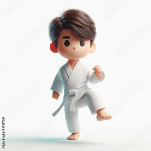 3d illustration of boy in kimono with belt training karate and taekwondo