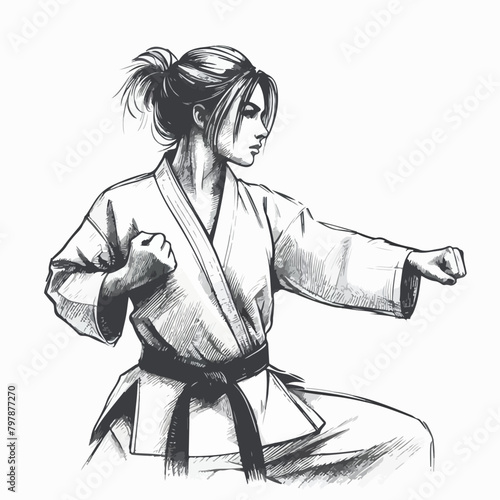 illustration of the woman in kimono training taekwondo and karate in graphic style