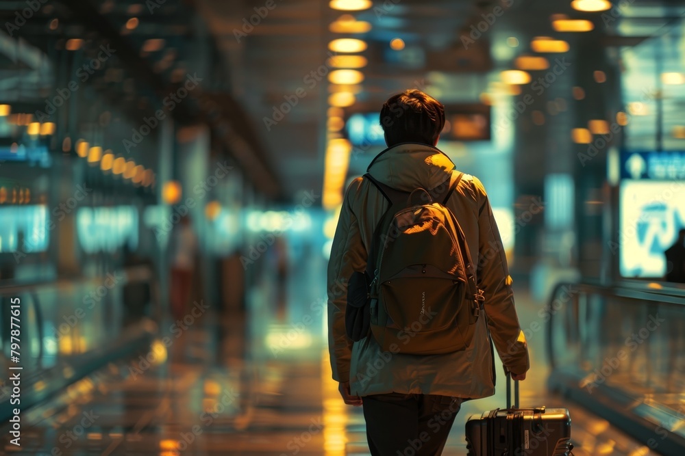 A tourist is walking down a hallway with a suitcase A tourist is walking down a hallway with a suitcase