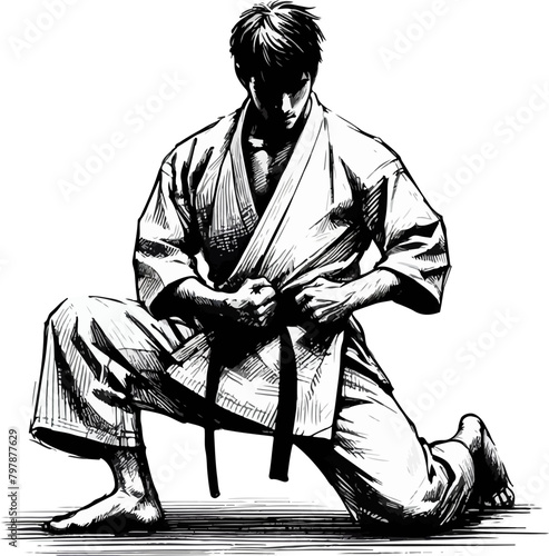illustration of the boy in kimono training taekwondo and karate in graphic style