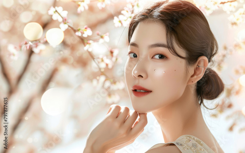 A beautiful korean woman with smooth, glowing skin is posing for the camera in front of a blurred background.