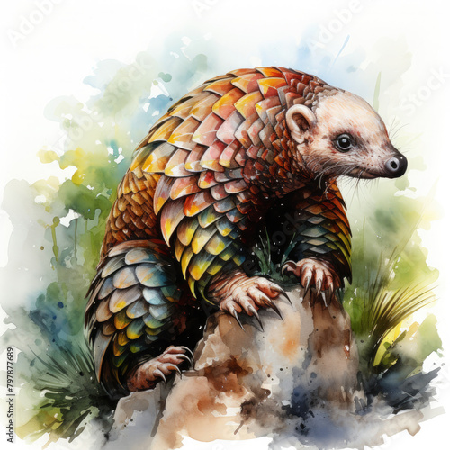 Watercolor colorful Pangolin Illustration  Generative Ai