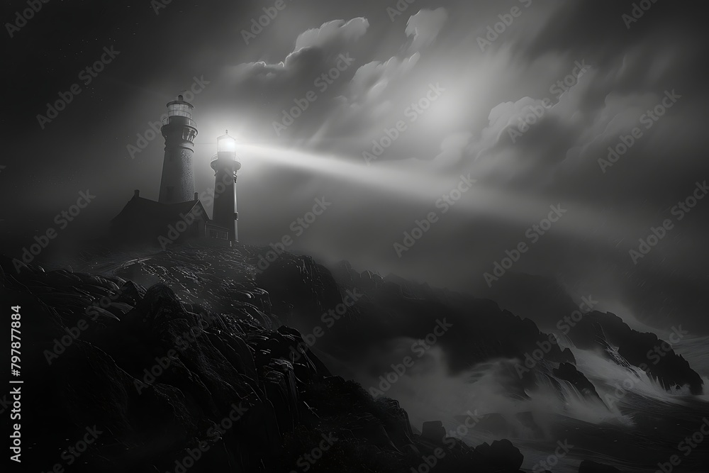 A majestic lighthouse beaming its light across a rocky coastline, guiding ships through the darkness of the night.