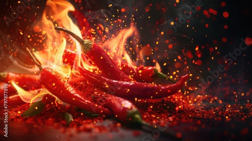A powerful explosion of red dust floating with red hot chili peppers on a maroon background, Gourmet hot spices, Organic healthy plant food concept, Source of capsaicin
 photo