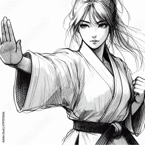 illustration of the woman in kimono training taekwondo and karate in graphic style