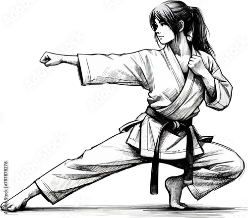 illustration of the woman in kimono training taekwondo and karate in graphic style