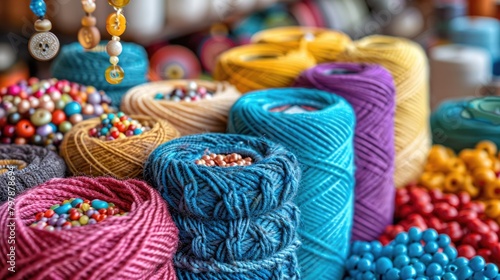 Decorative frame made of wool bundles, yarn balls, buttons and cord.