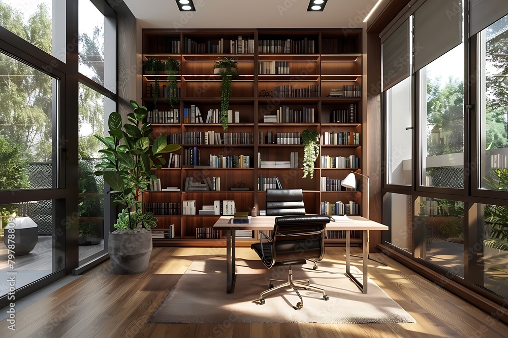 A minimalist study room with floor-to-ceiling bookshelves, a sleek desk, and large windows that let in plenty of natural light.