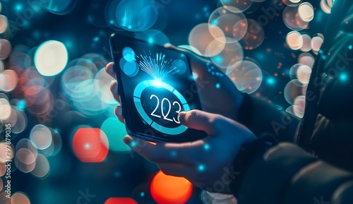 Businessman holding a smartphone with a progress bar loading and the text "2023" on the screen, depicting a New Year concept. This stock photo leaves 2/3 of the space blank for copy, and is high resol