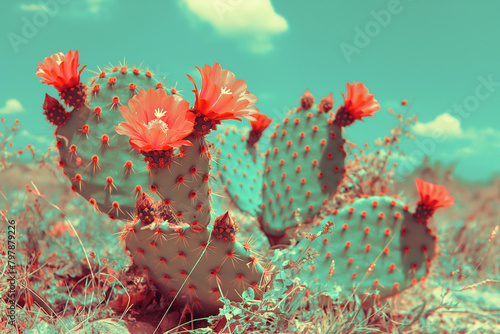 psychedelic vapor wave and surreal scenery with cactus and flower in the desert on an alien planet, trippy wallpaper art