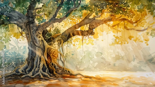Beautiful painting of the Bodhi Sacred Fig tree in watercolor photo
