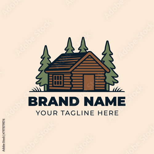 Wooden cottage cabin in the adventure vintage logo