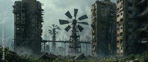 A windmill stands tall amid the rubble of a destroyed city, symbolizing resilience and contrast between nature and urban decay photo