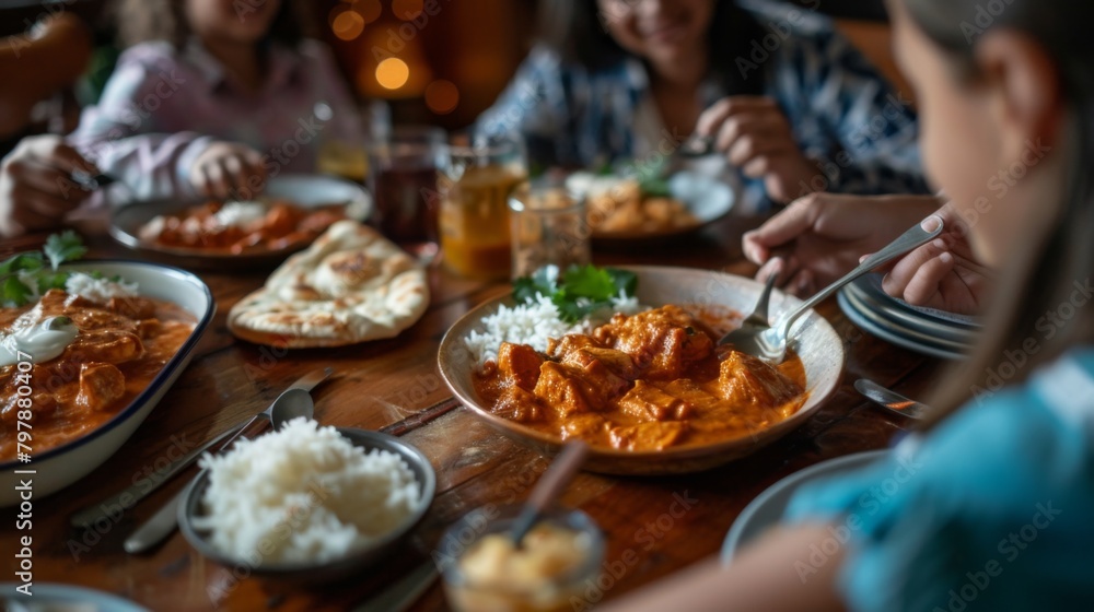 A family gathered around the dining table, serving themselves generous portions of chicken tikka masala with fluffy naan bread.