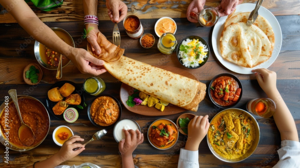 A family enjoying a traditional Indian meal together, with dosas taking center stage alongside a variety of flavorful side dishes and condiments.